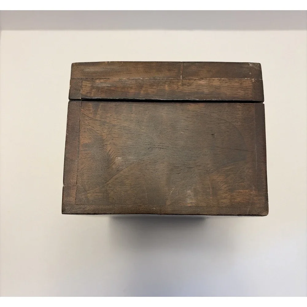 Hand Carved Wooden Trinket Pen Pencil Jewelry Box Hinged Open Cut Decorative